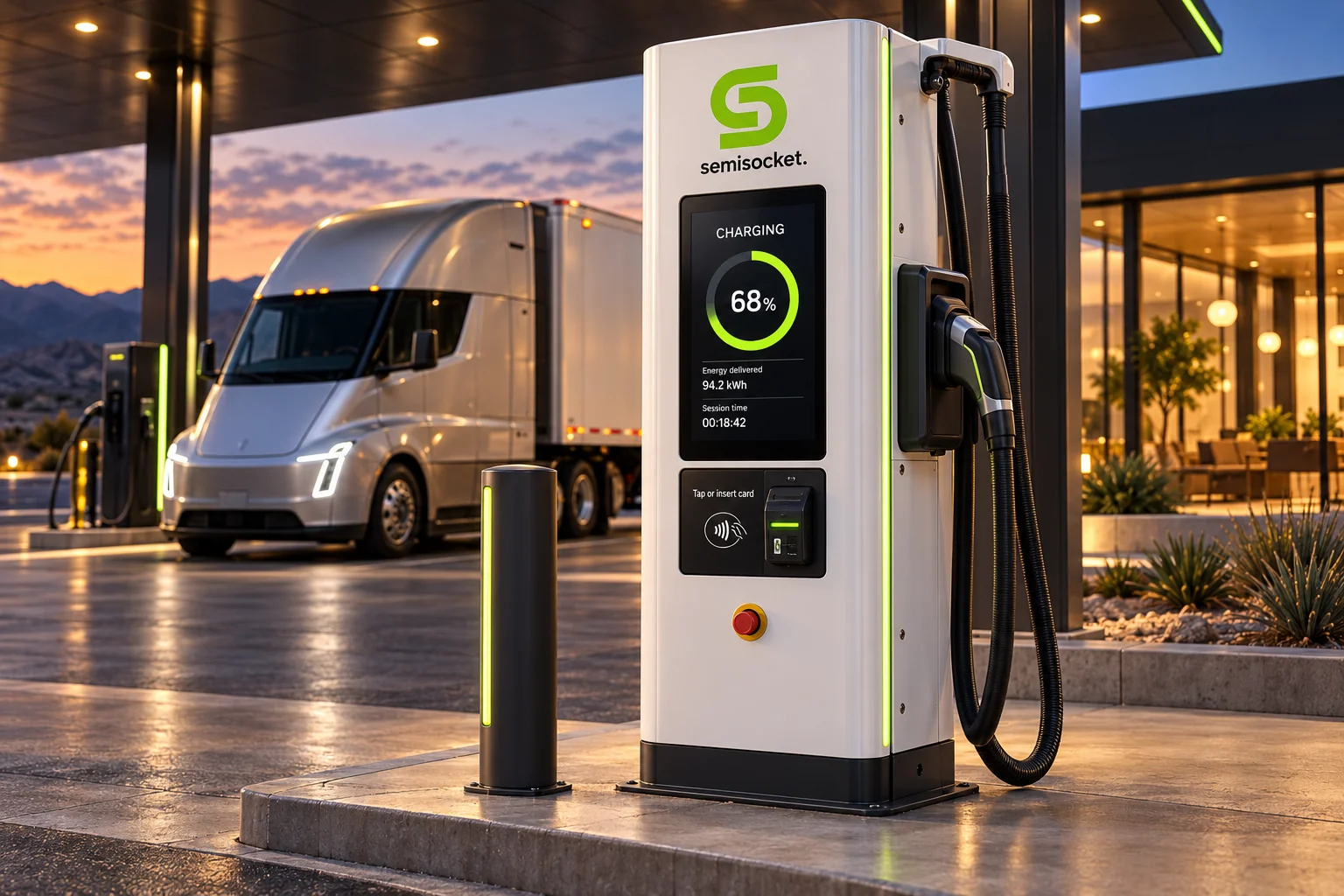Concept of a white SemiSocket charger with a lime S, digital charging readout, payment terminal, and cable holster.
