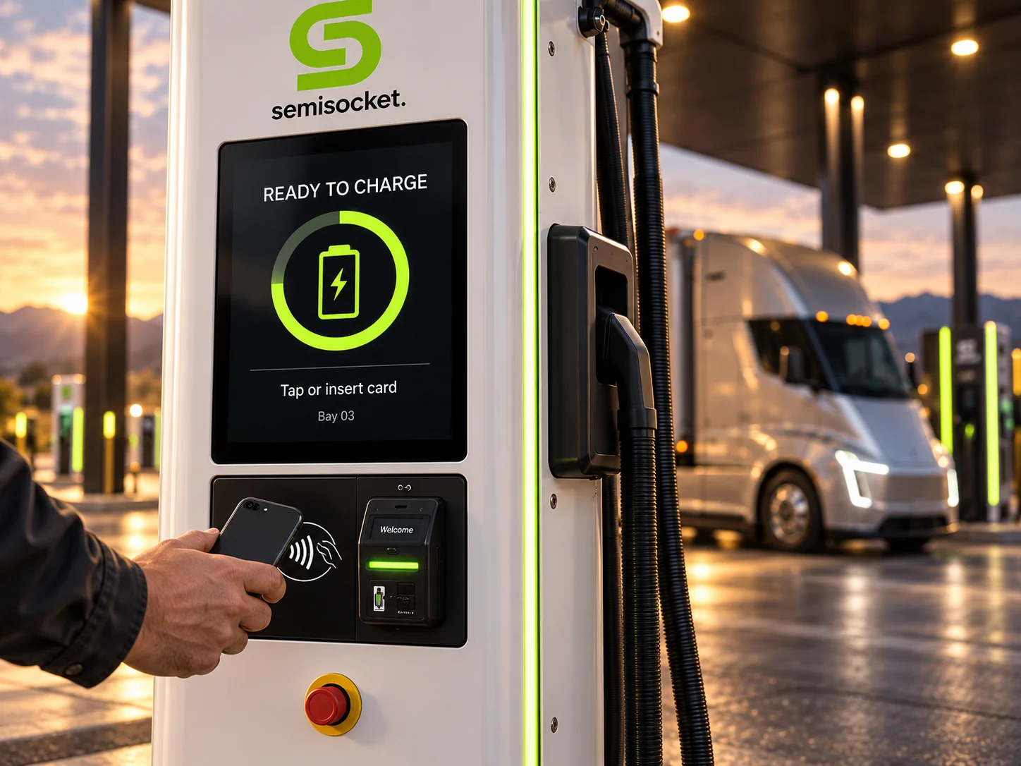 Close-up concept of a driver tapping a phone at the SemiSocket charger, beside a card insertion slot and digital screen.